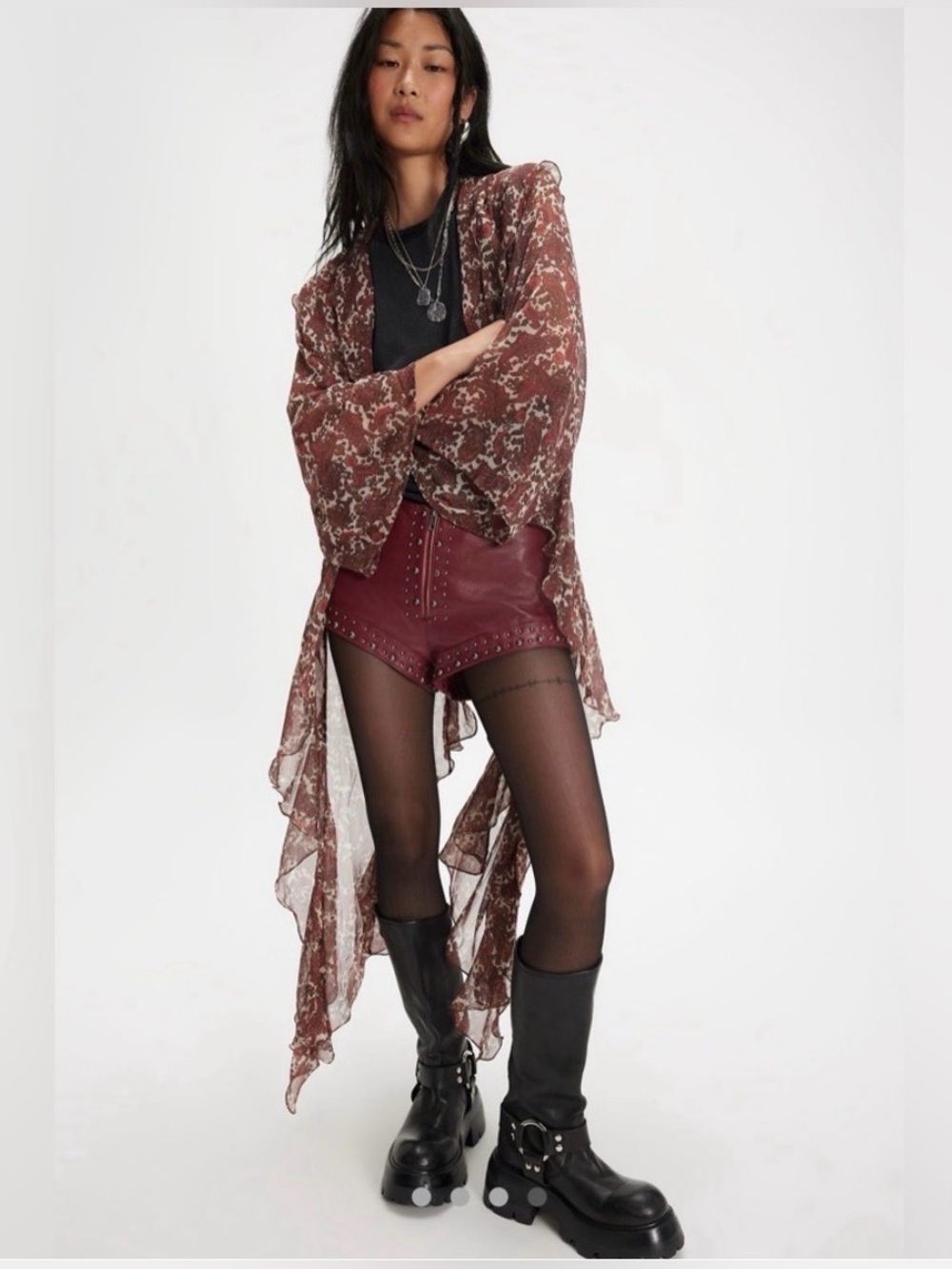 NWT Free People Brown Floral Ruffled Sheer Cardigan